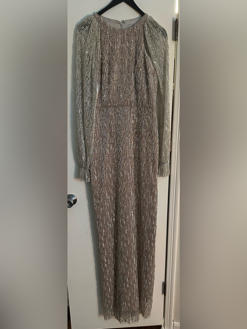 Cengiz Akturk Silver Long Sleeve Evening Gown